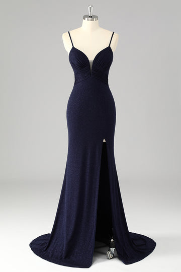 Sparkly Navy Spaghetti Straps Mermaid Long Prom Dress with Slit